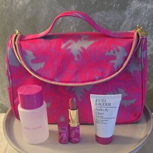 Estee Lauder Pink Floral Cosmetic Case with Travel Skincare & Full Size Lipstick